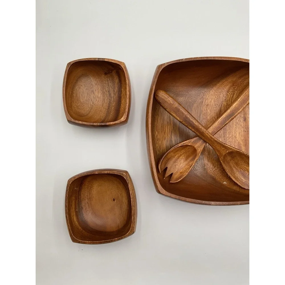 Vintage Set of 5 Square Salad Bowl Set With Utensils Teak Bowls